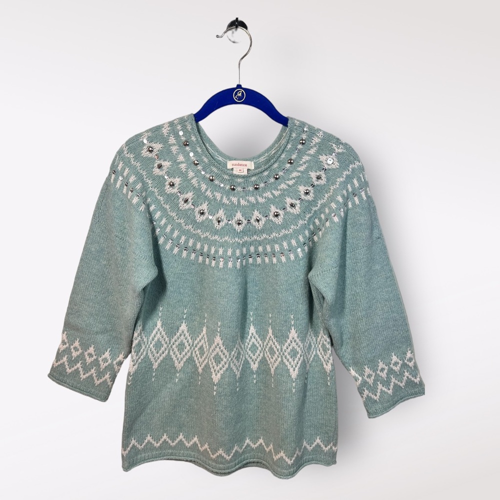 Sundance Fair Isle Wool Sweater Sz M Blend Mint & Cream Sequins Metallic Unique